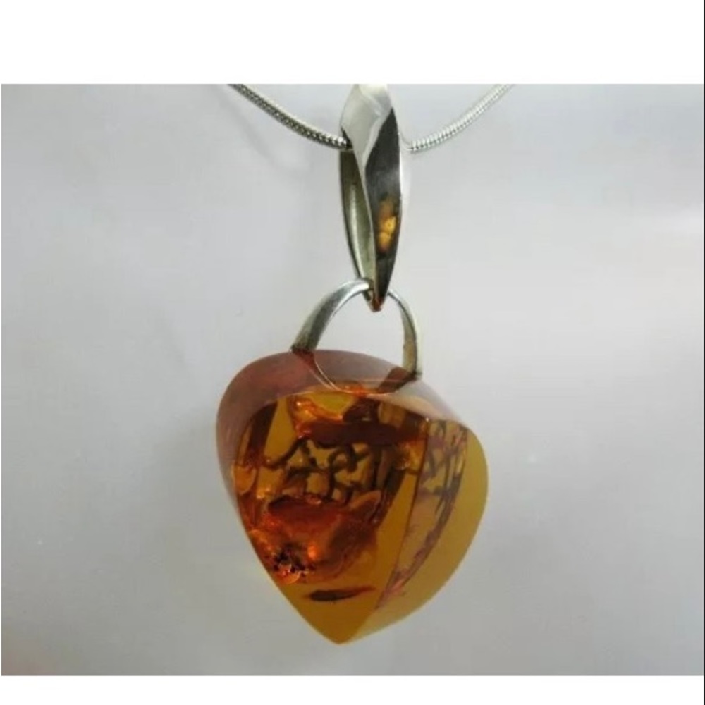 Large sterling silver Amber pendant necklace spiderweb design